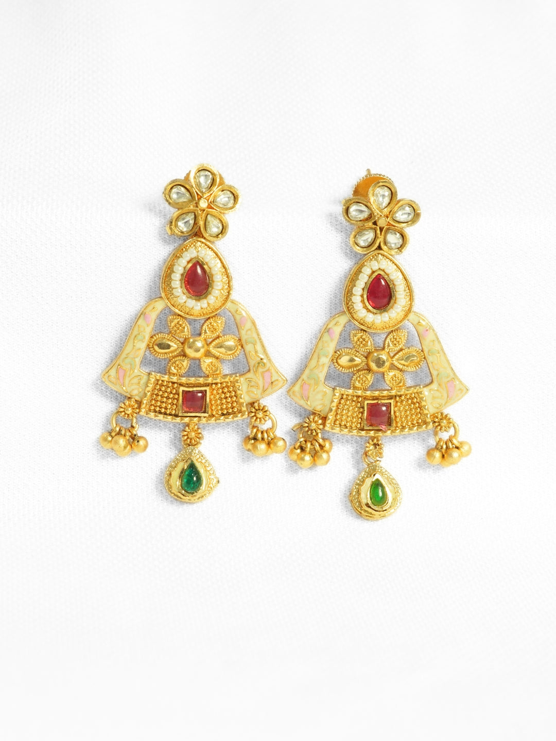 Floral Pearl & Stone Studded Gold-Plated Drop Earrings