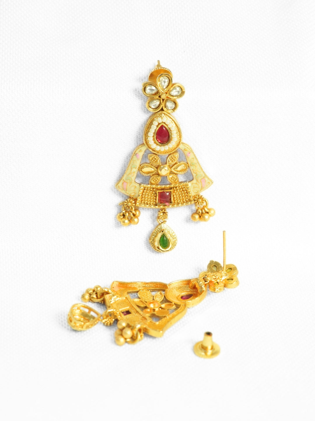 Floral Pearl & Stone Studded Gold-Plated Drop Earrings