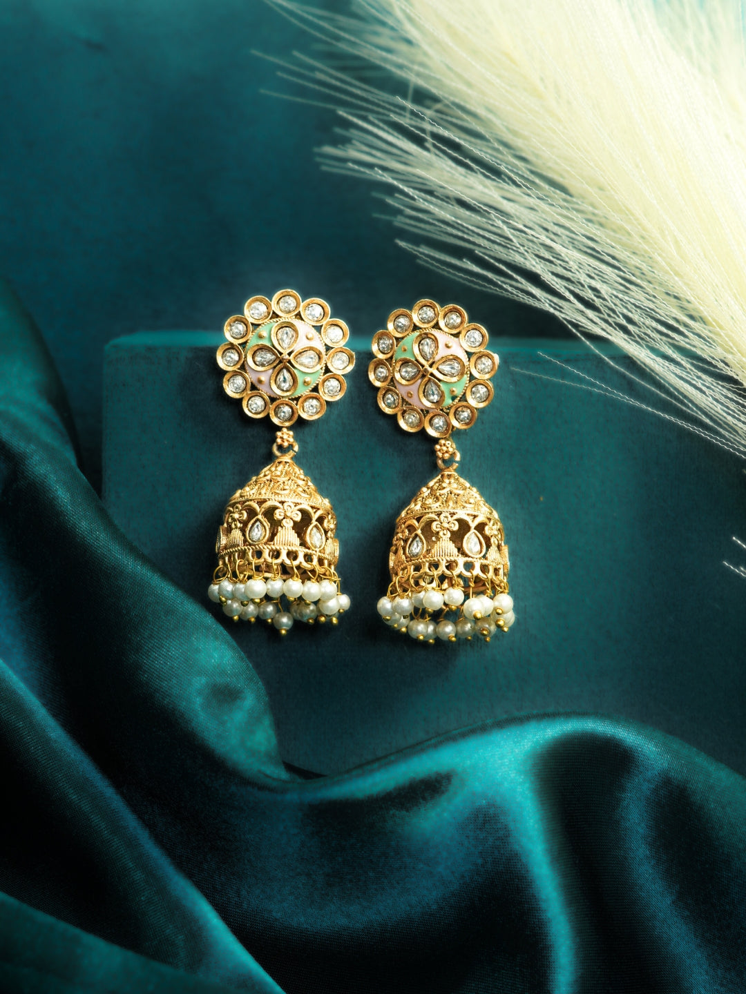 Floral Round Stone-Studded Gold-Plated Jhumka Earrings