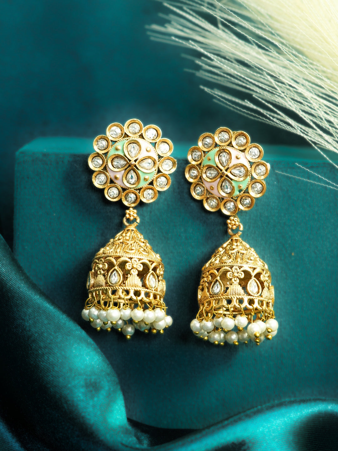 Floral Round Stone-Studded Gold-Plated Jhumka Earrings