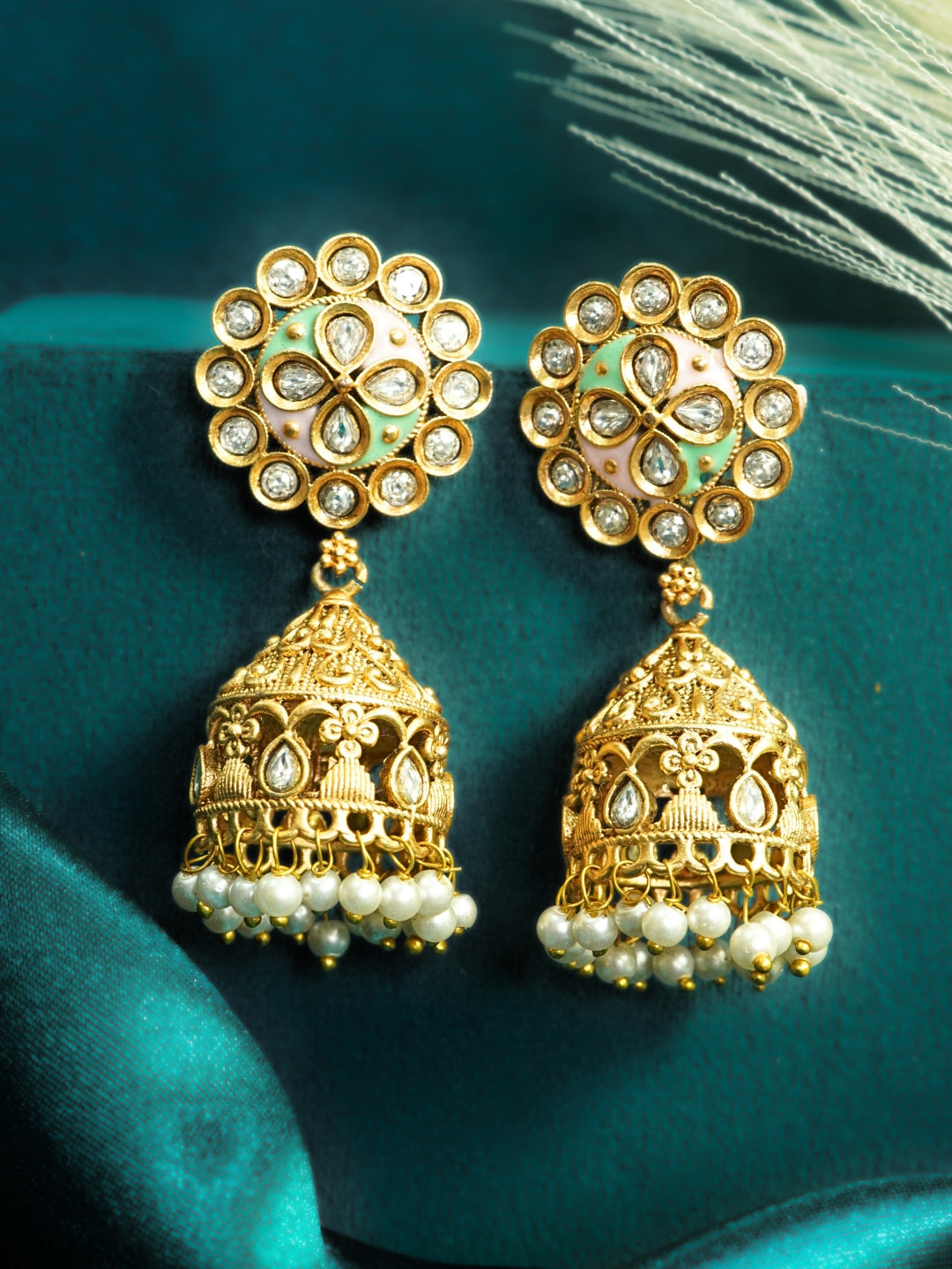 Floral Round Stone-Studded Gold-Plated Jhumka Earrings