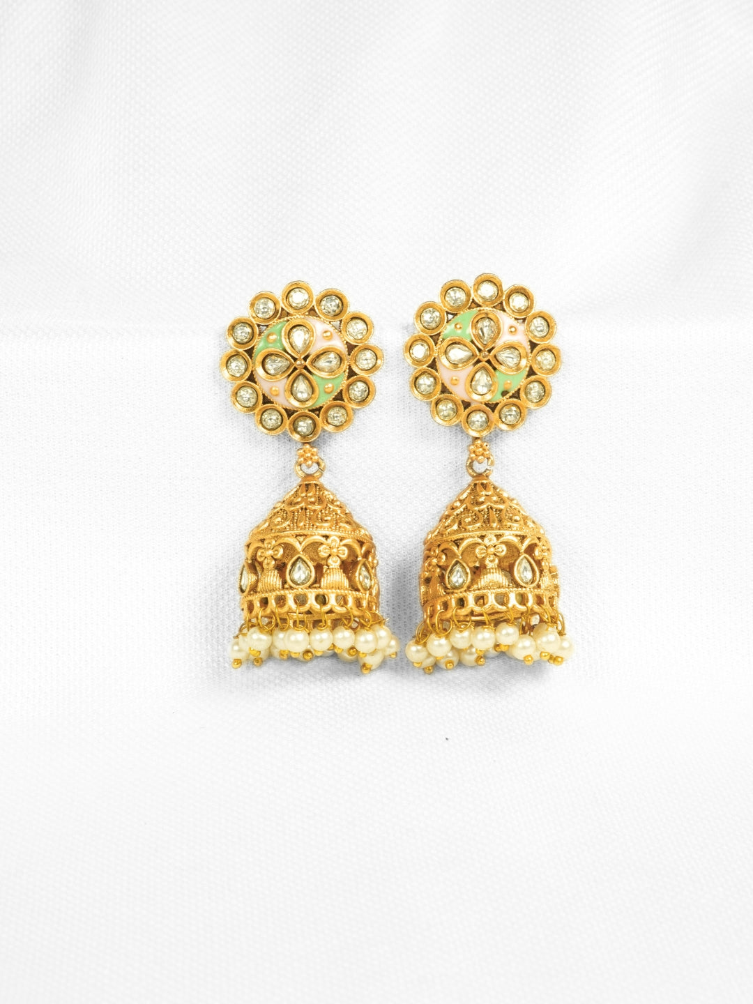 Floral Round Stone-Studded Gold-Plated Jhumka Earrings
