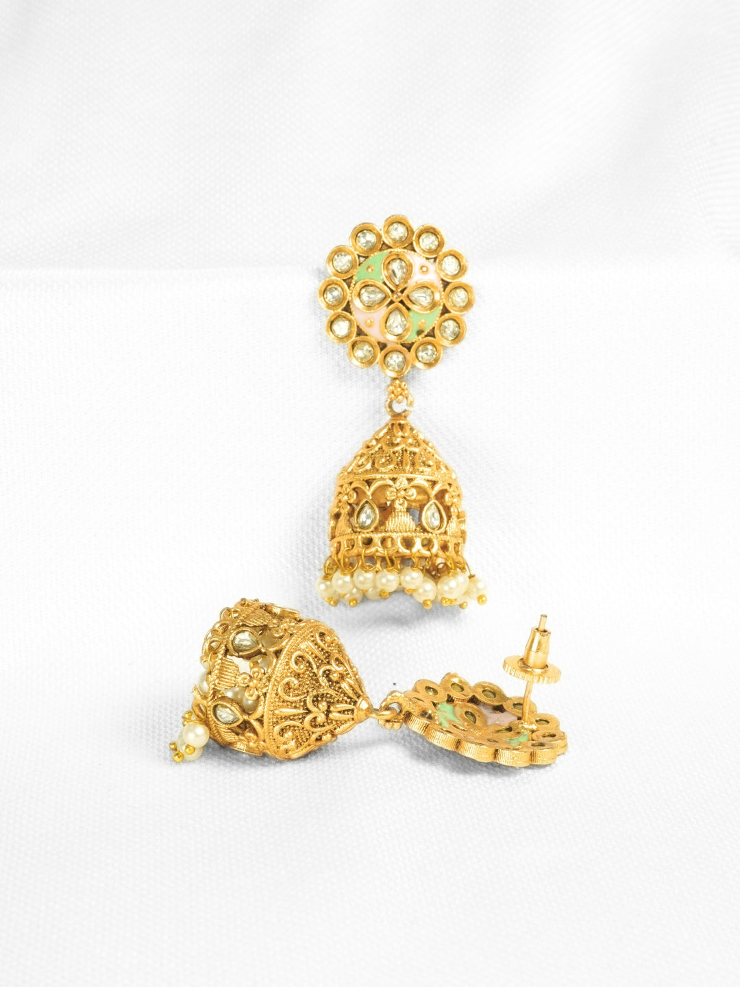 Floral Round Stone-Studded Gold-Plated Jhumka Earrings