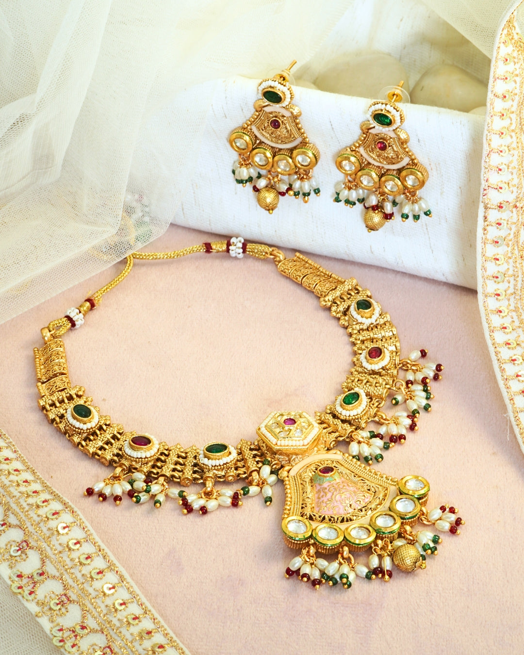 Kundan Studded Green & Red Stone Gold-Plated Necklace Set