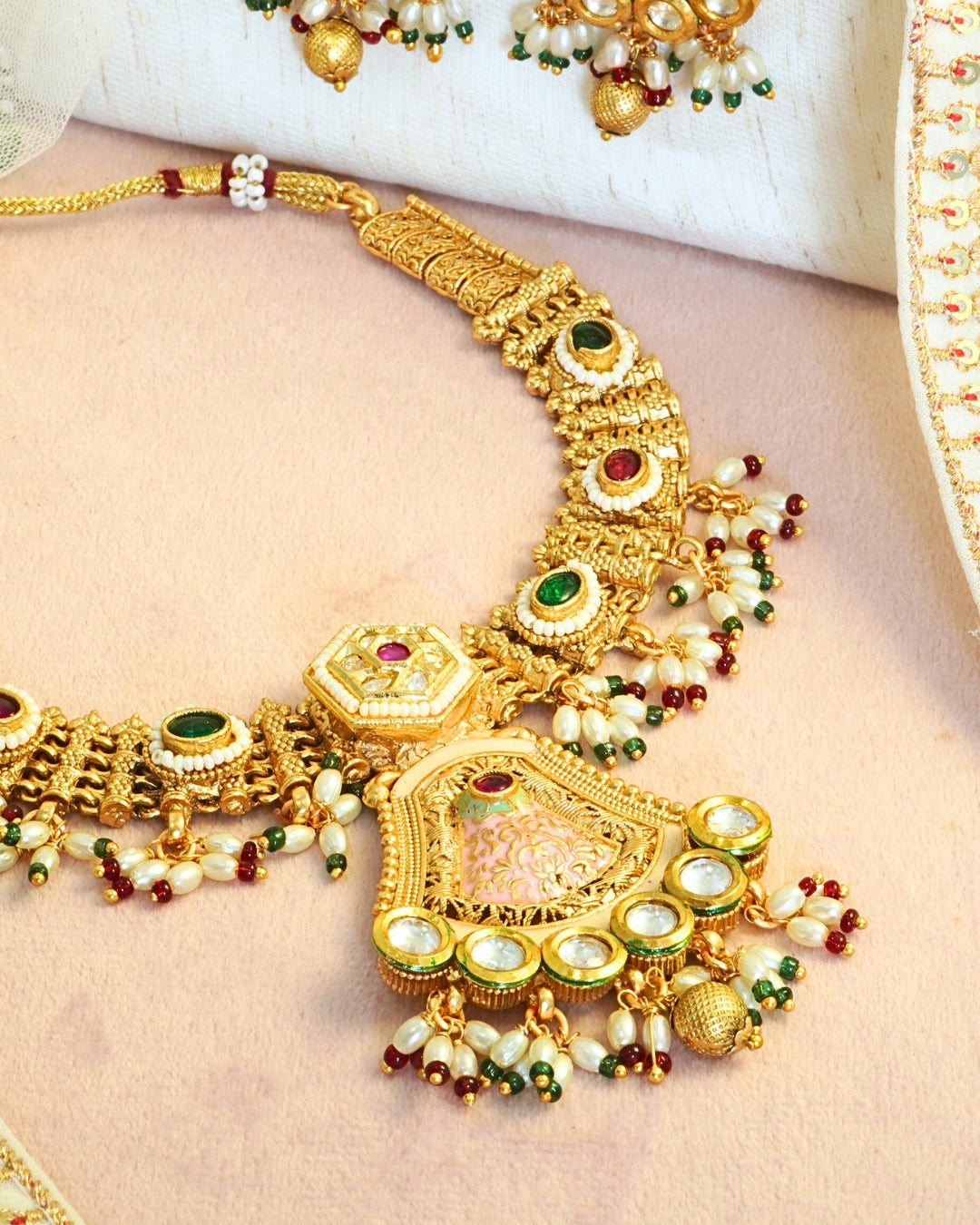 Kundan Studded Green & Red Stone Gold-Plated Necklace Set