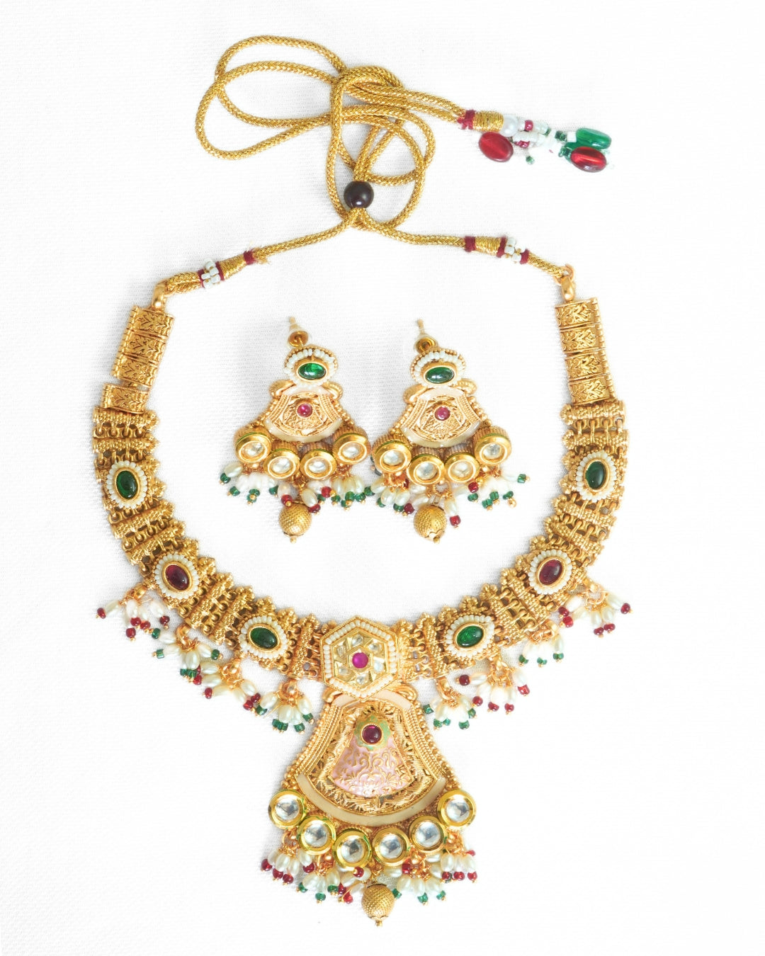 Kundan Studded Green & Red Stone Gold-Plated Necklace Set