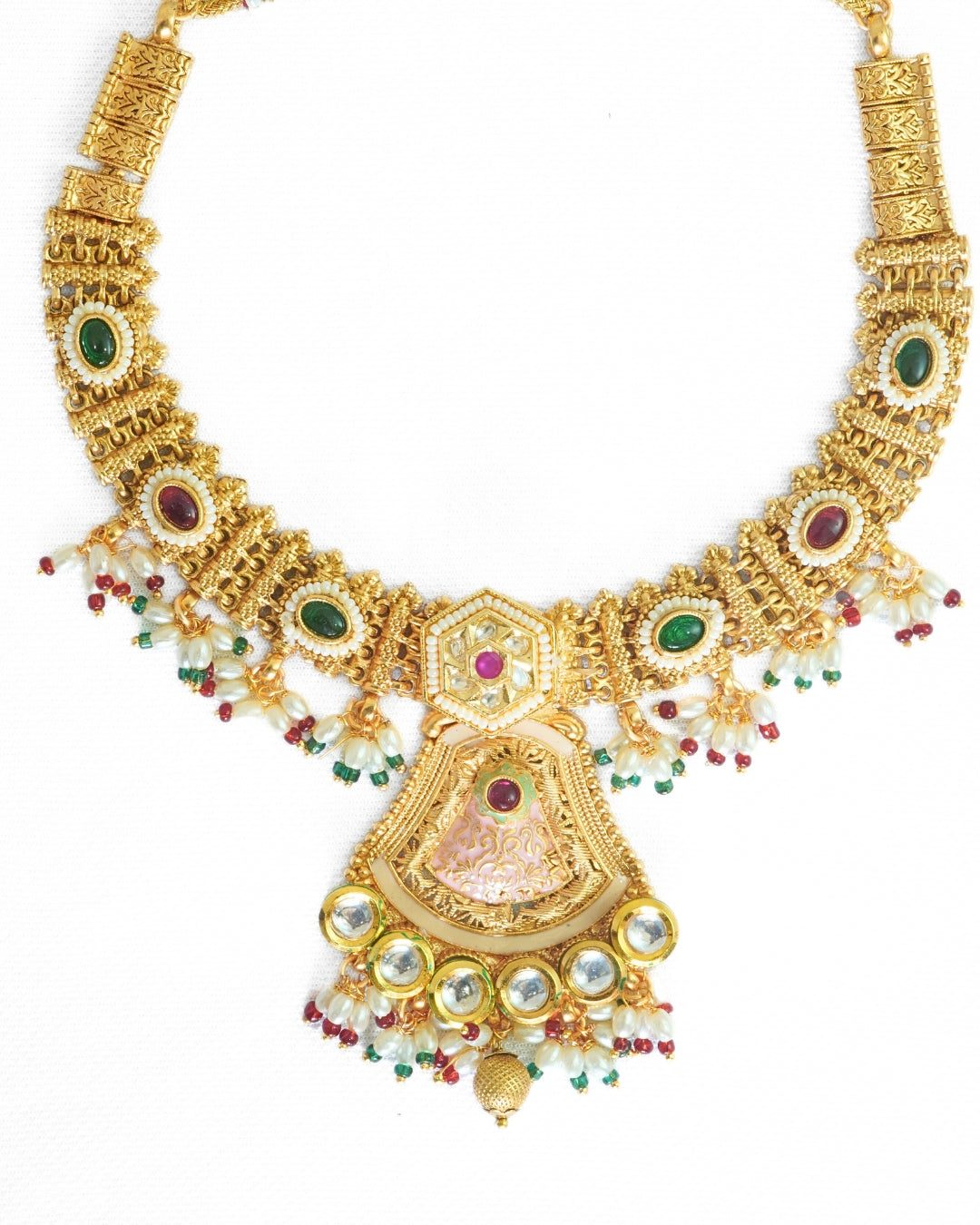 Kundan Studded Green & Red Stone Gold-Plated Necklace Set