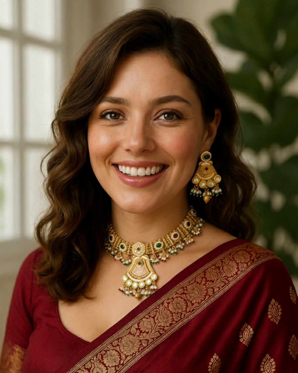 Kundan Studded Green & Red Stone Gold-Plated Necklace Set