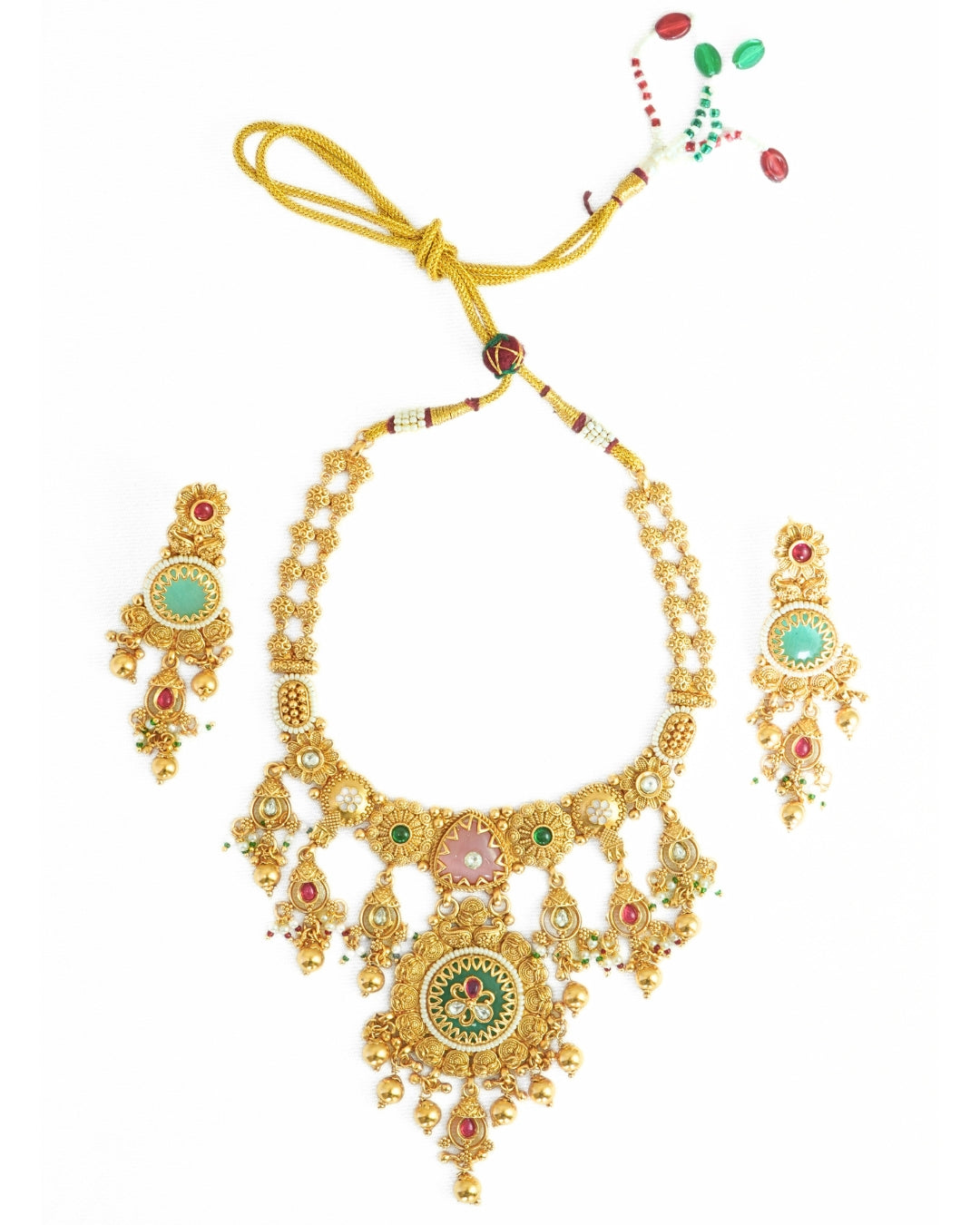 Beads-Studded Gold-Plated Round Rajwadi Necklace Set