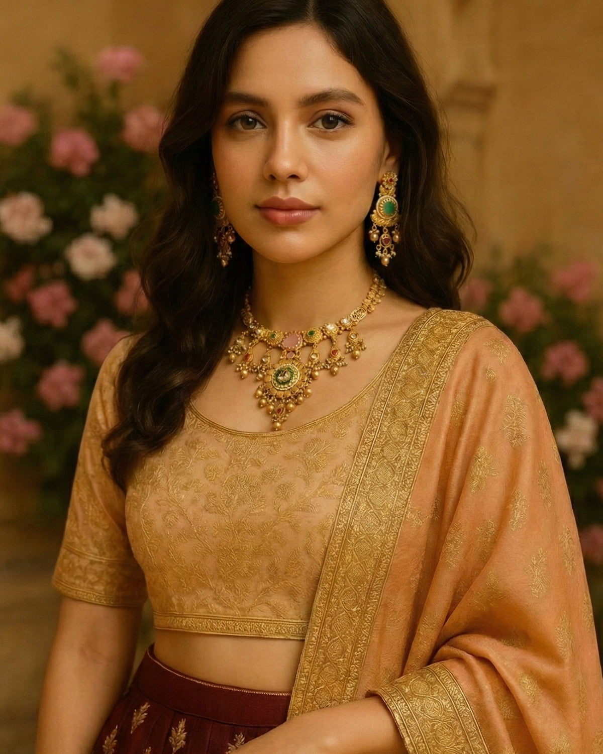 Beads-Studded Gold-Plated Round Rajwadi Necklace Set
