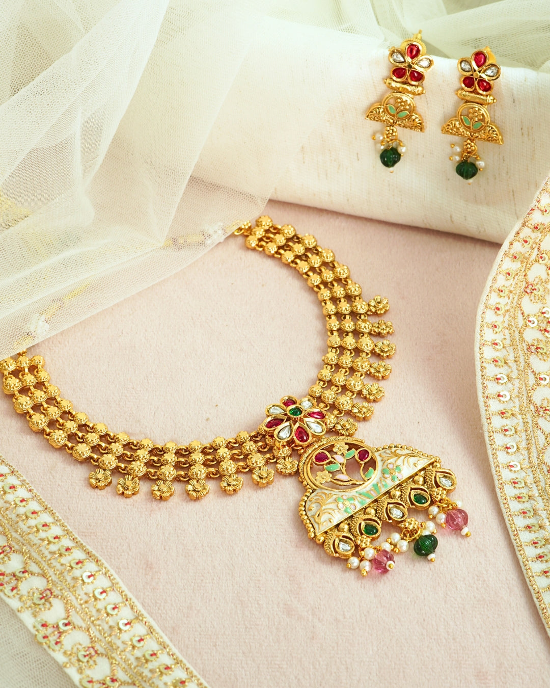 Gold-Plated Stone Studded Necklace Set