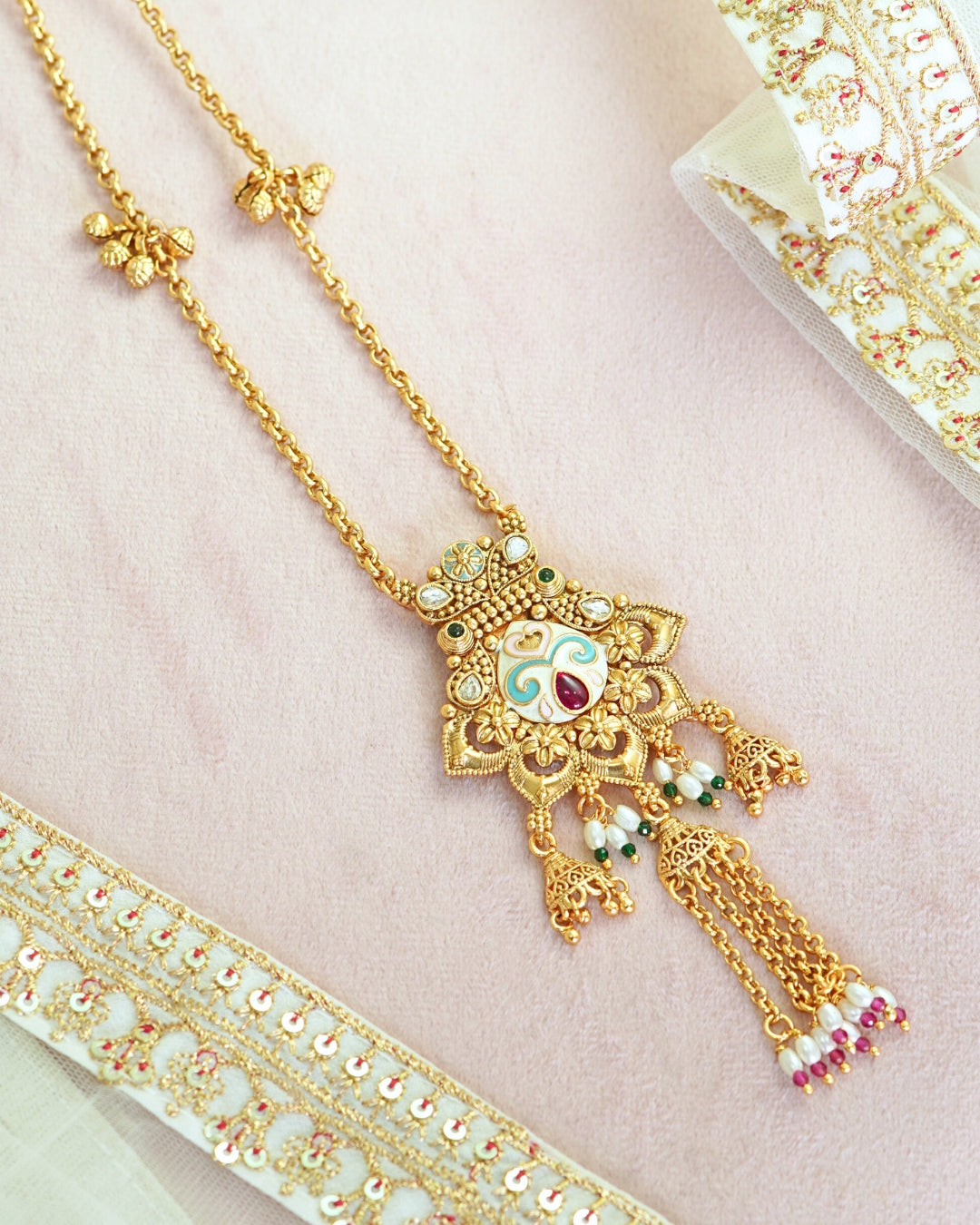 Long Chain Meenakari Pendant & Beaded Necklace Set