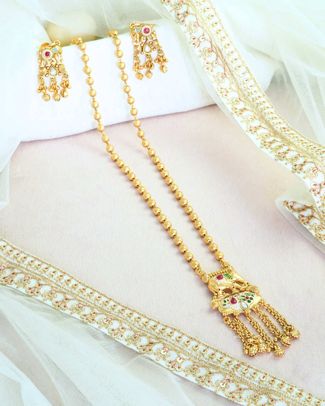 Beaded Long Necklace Elephant Pendant Set