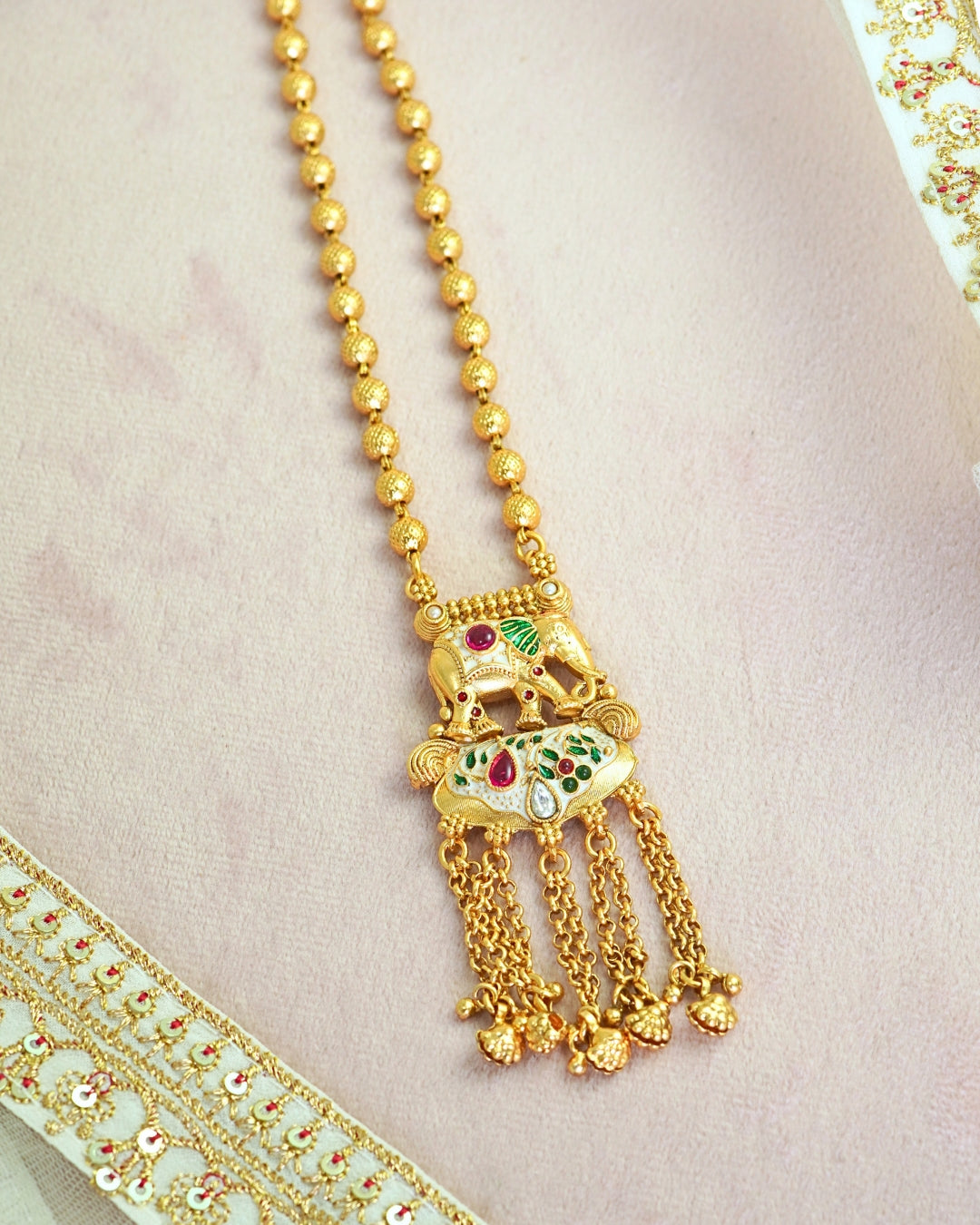 Beaded Long Necklace Elephant Pendant Set