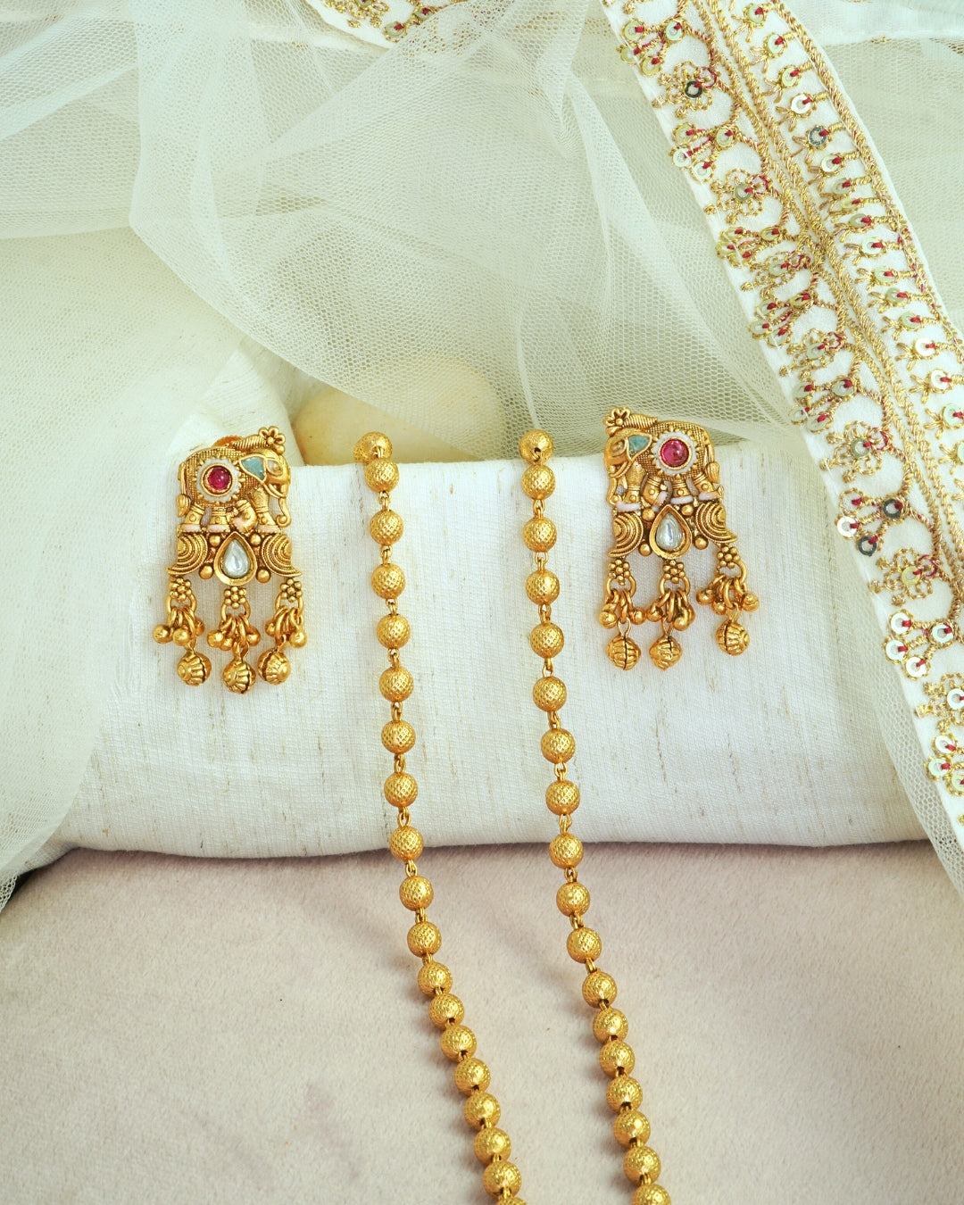 Beaded Long Necklace Elephant Pendant Set