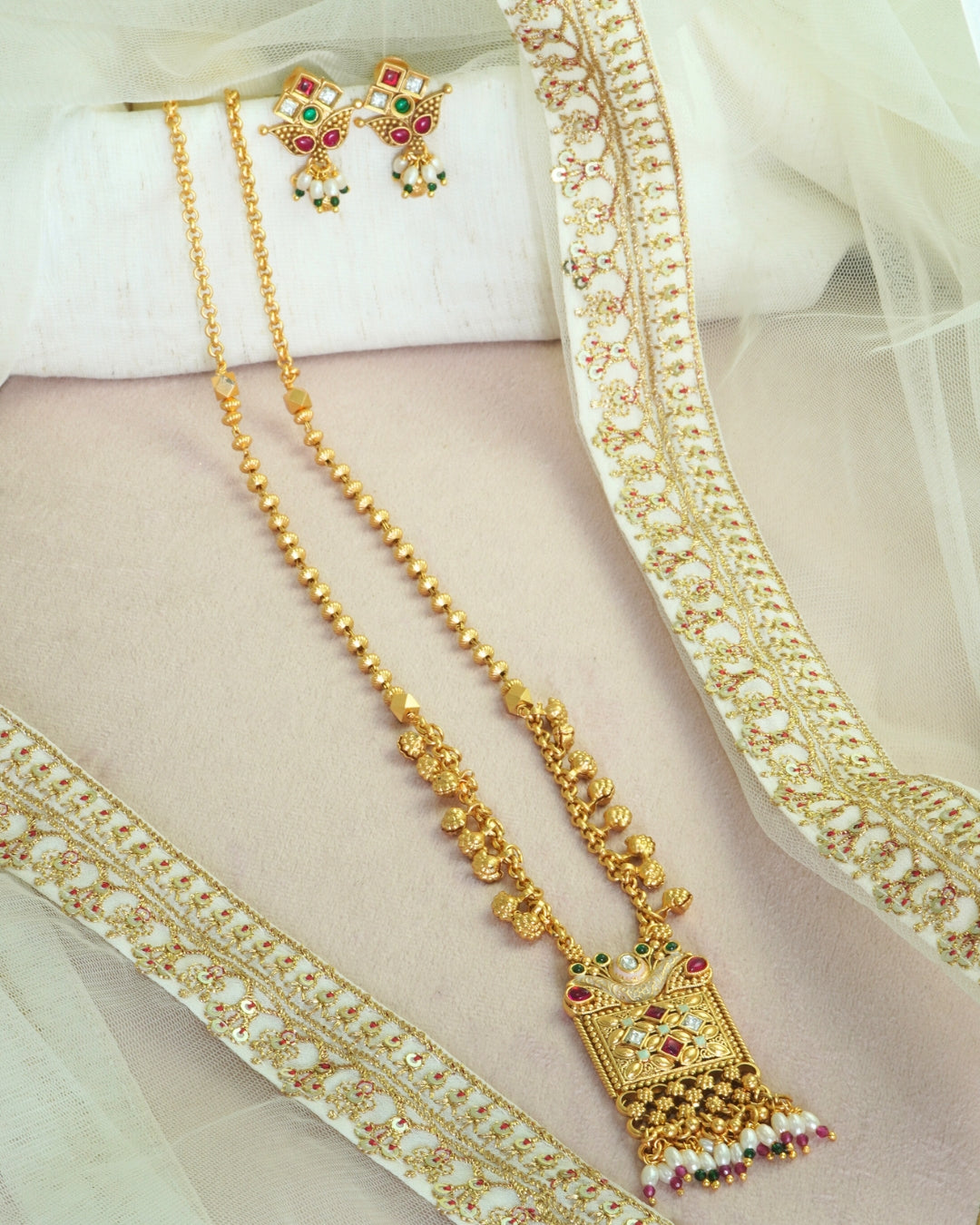 Long Beaded Necklace with Square Pendant & Dangling Beads