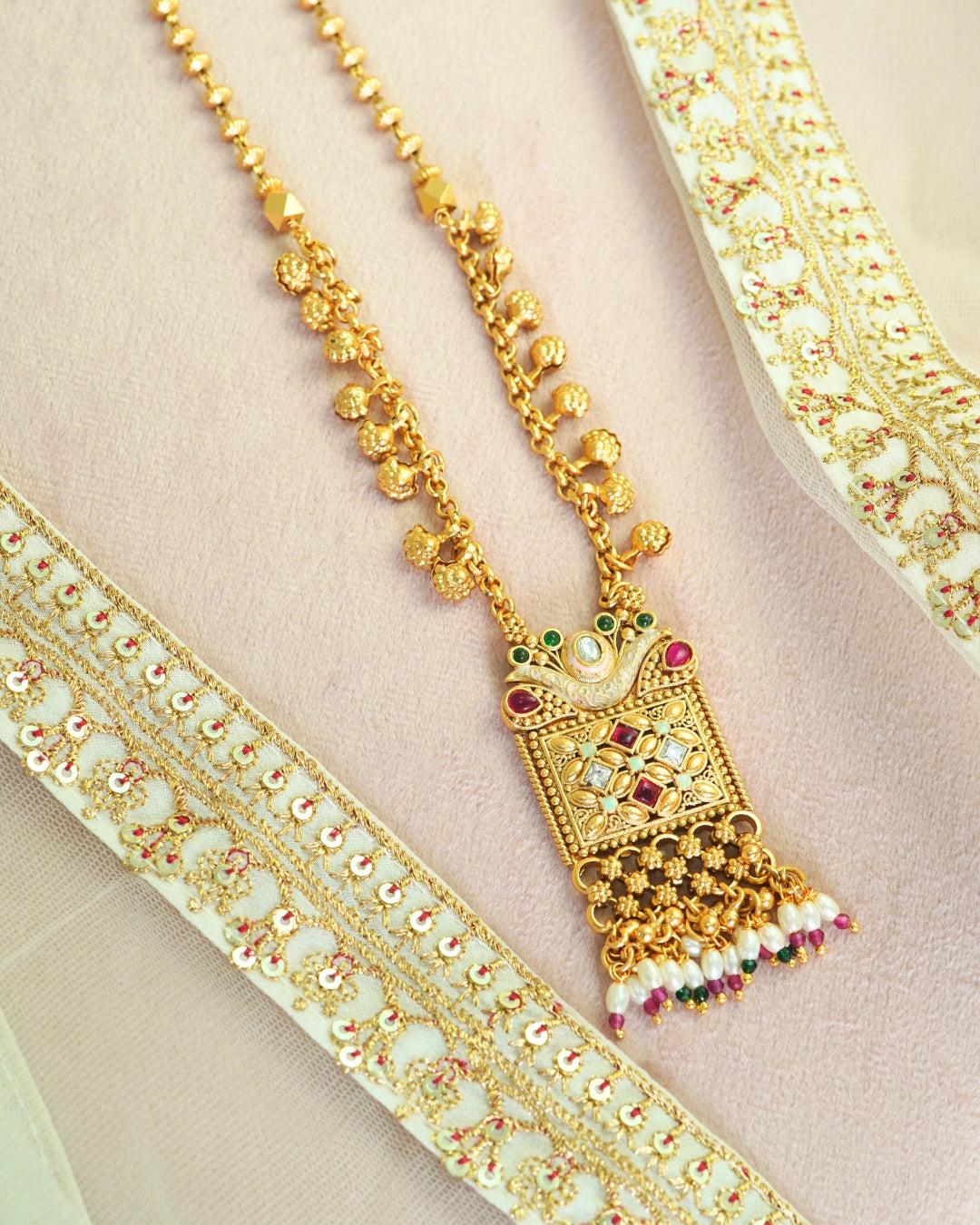 Long Beaded Necklace with Square Pendant & Dangling Beads