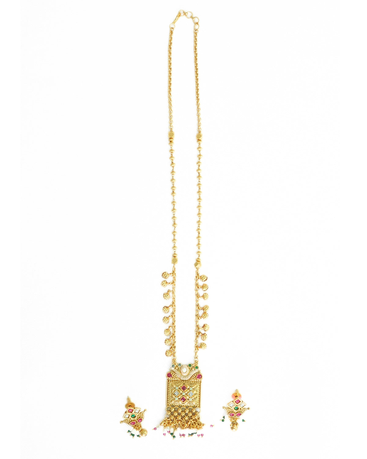 Long Beaded Necklace with Square Pendant & Dangling Beads