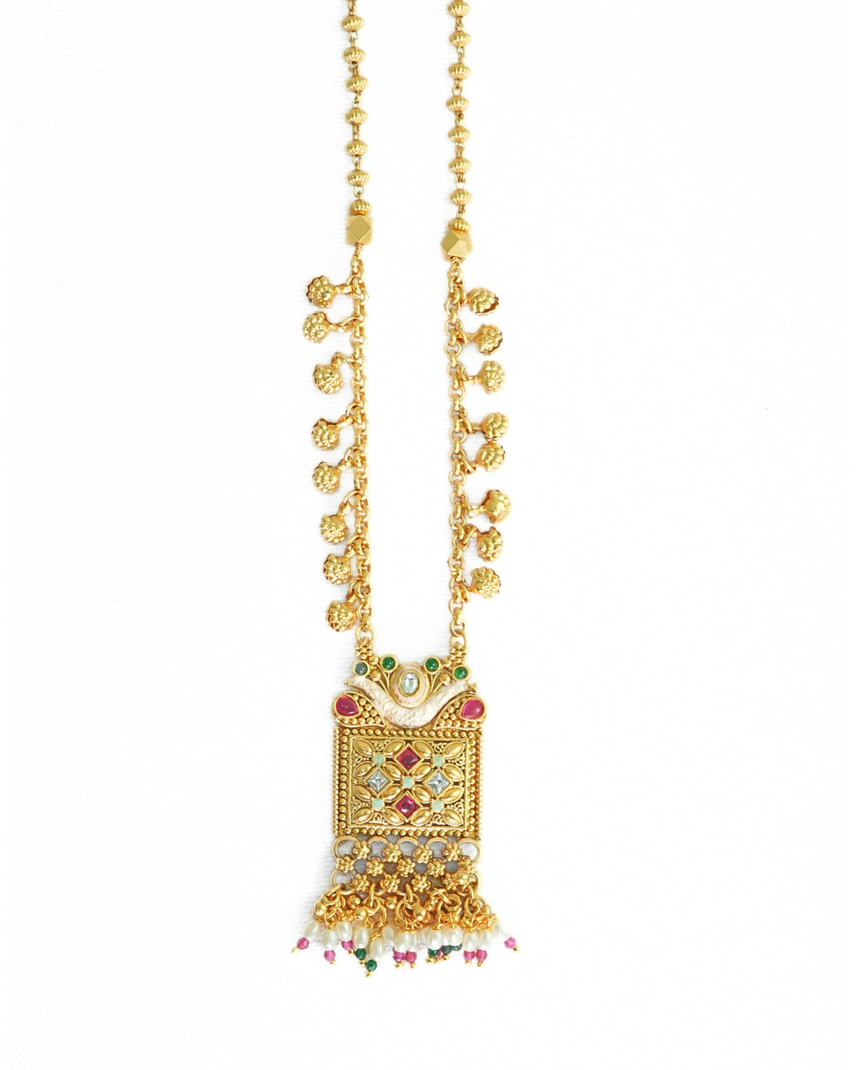Long Beaded Necklace with Square Pendant & Dangling Beads