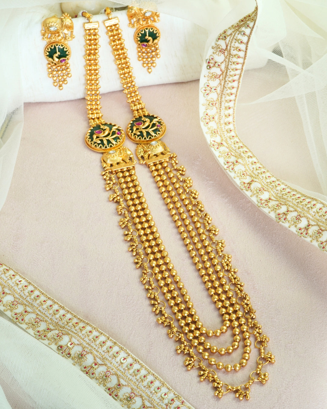 Long Gold-Plated Multilayer Beaded Elephant Emerald Necklace Set