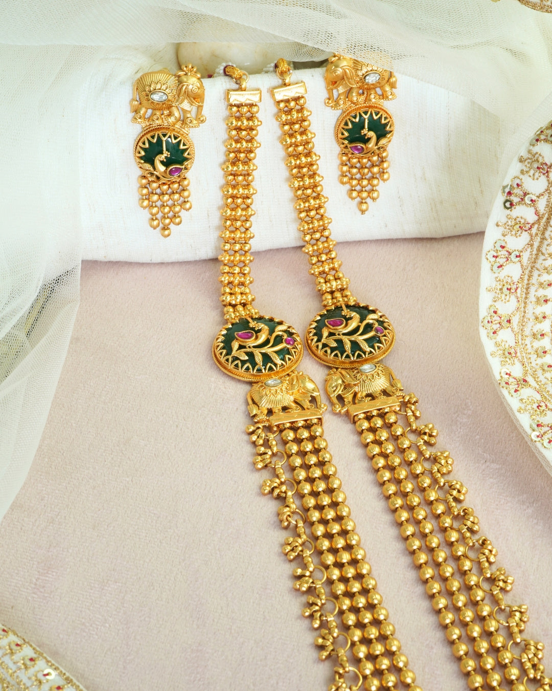 Long Gold-Plated Multilayer Beaded Elephant Emerald Necklace Set