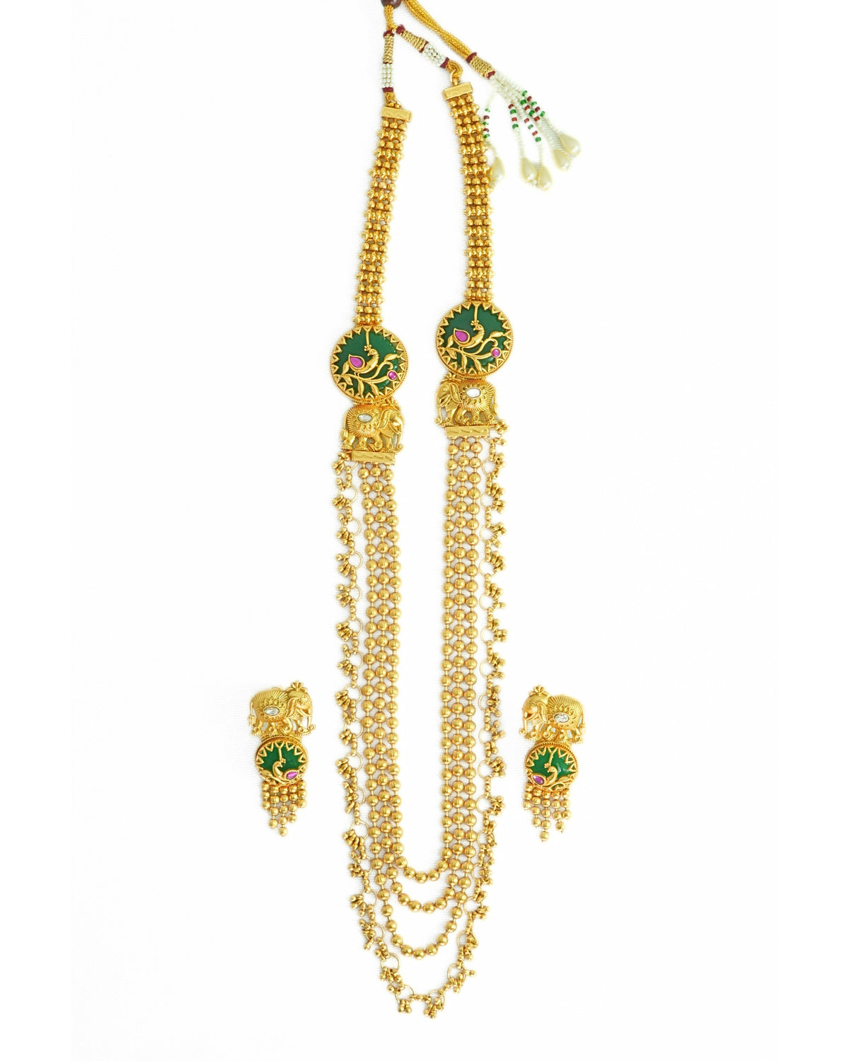 Long Gold-Plated Multilayer Beaded Elephant Emerald Necklace Set