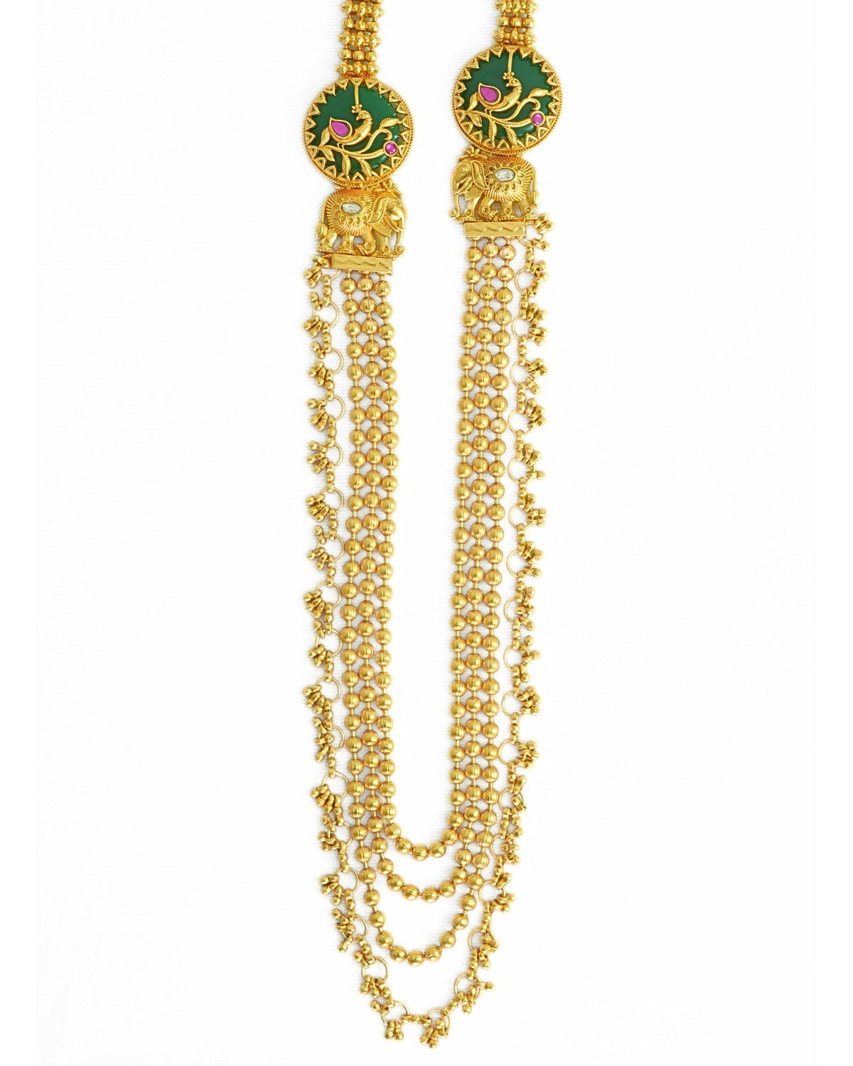 Long Gold-Plated Multilayer Beaded Elephant Emerald Necklace Set