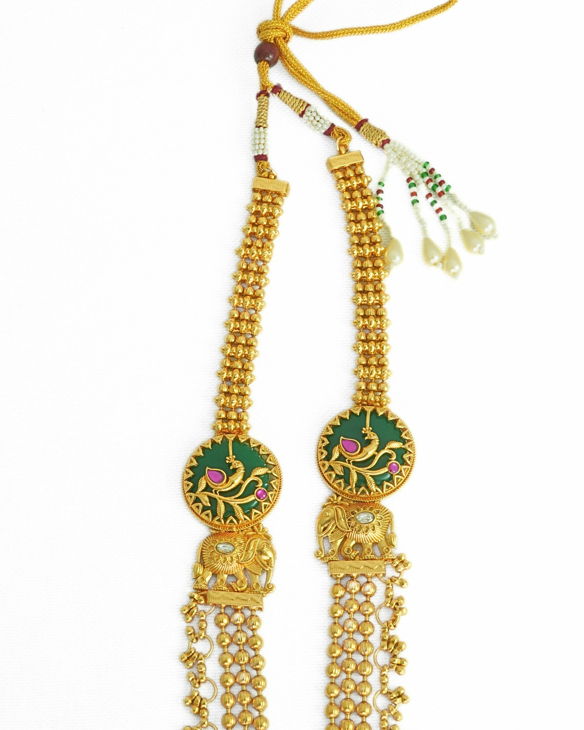 Long Gold-Plated Multilayer Beaded Elephant Emerald Necklace Set