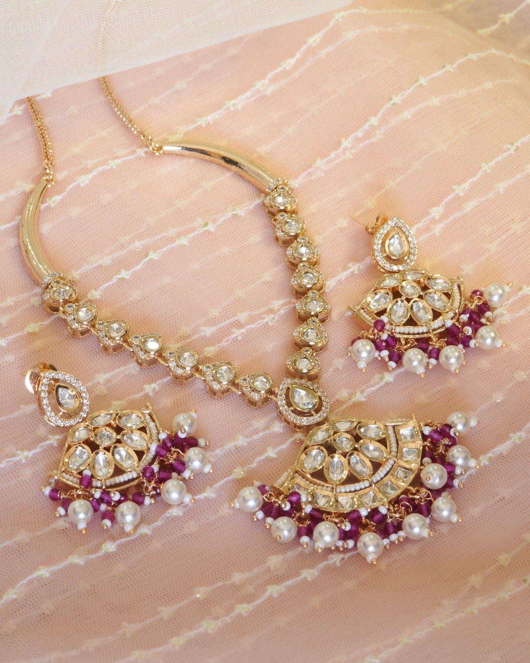 Kundan Studded Pink Beaded Gold-Plated Necklace Set