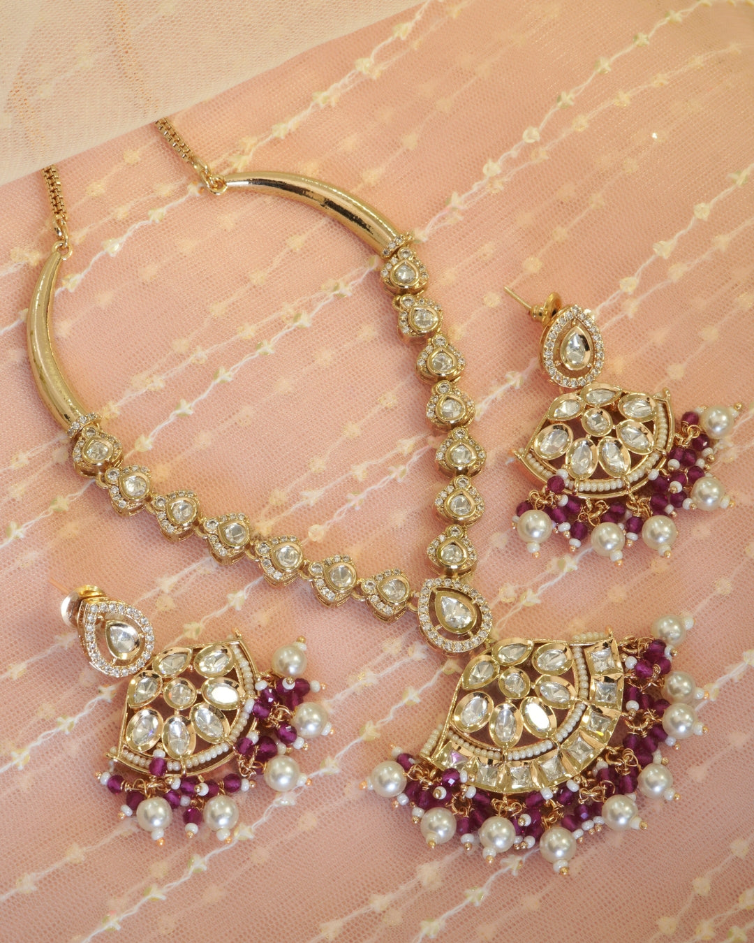 Kundan Studded Pink Beaded Gold-Plated Necklace Set