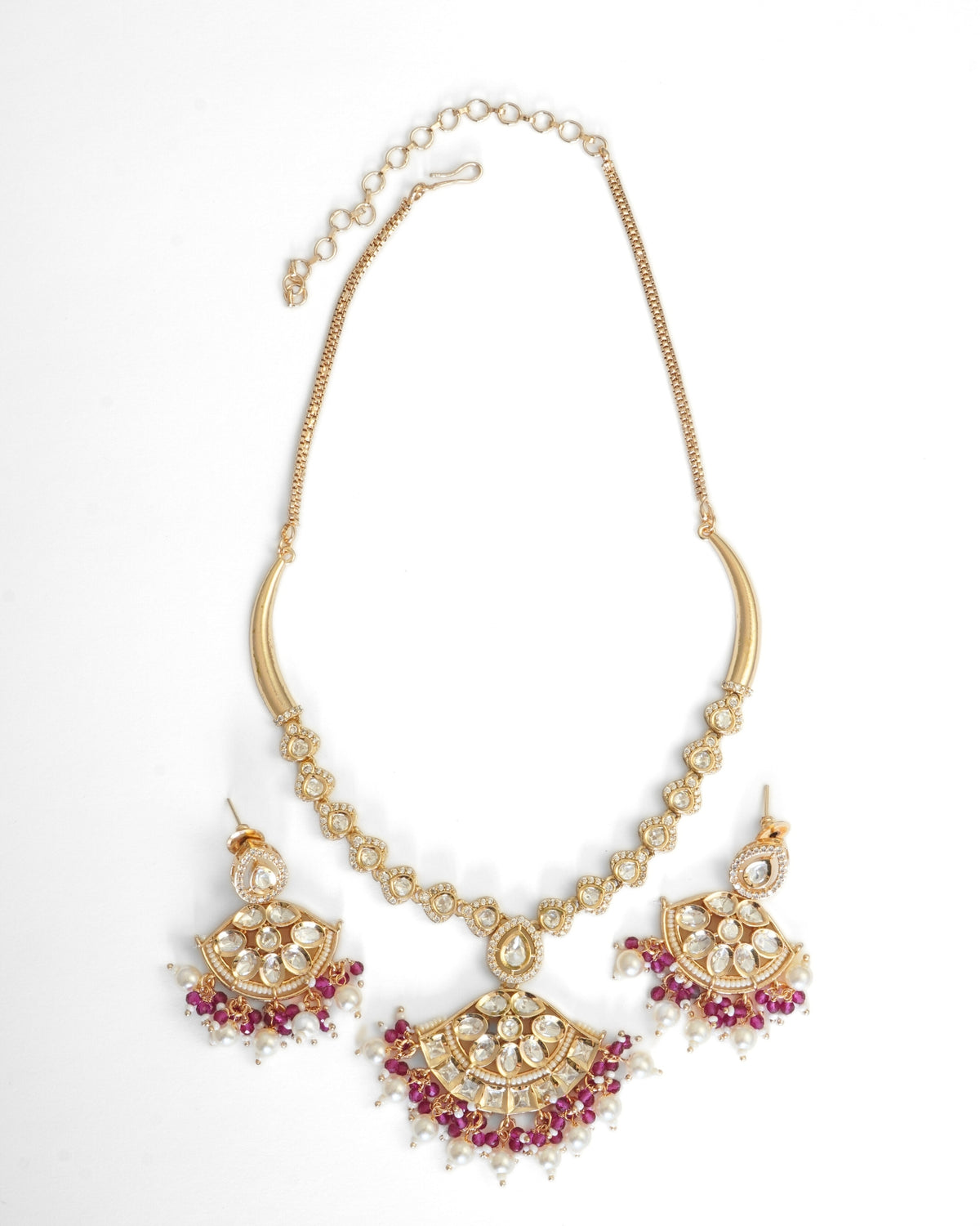 Kundan Studded Pink Beaded Gold-Plated Necklace Set