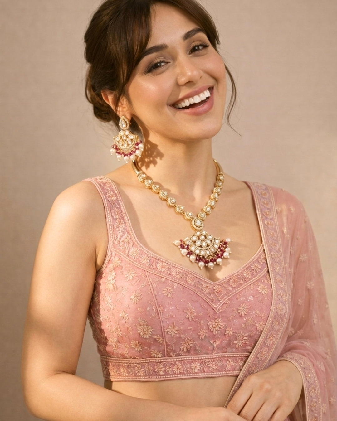 Kundan Studded Pink Beaded Gold-Plated Necklace Set