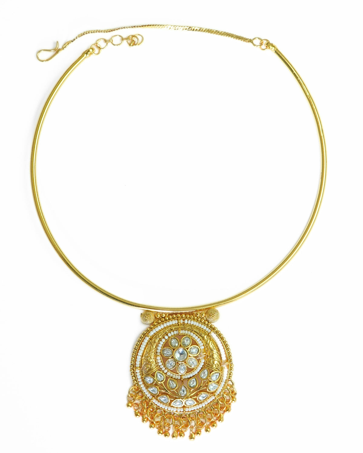 Gold-Plated Kundan Round Pendant Hasli Style Necklace Set