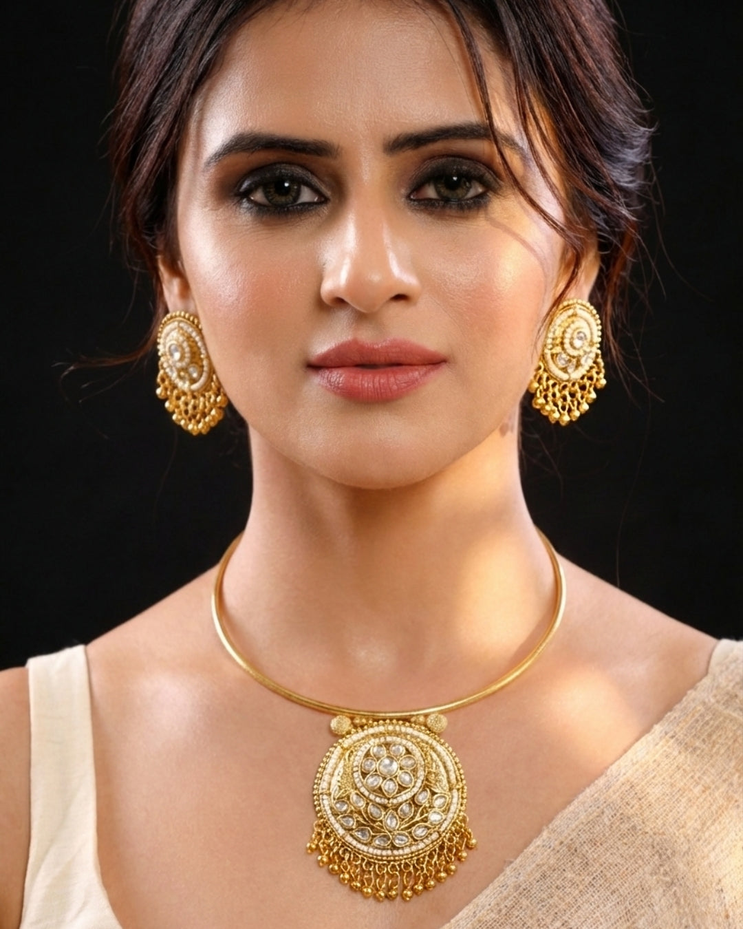 Gold-Plated Kundan Round Pendant Hasli Style Necklace Set