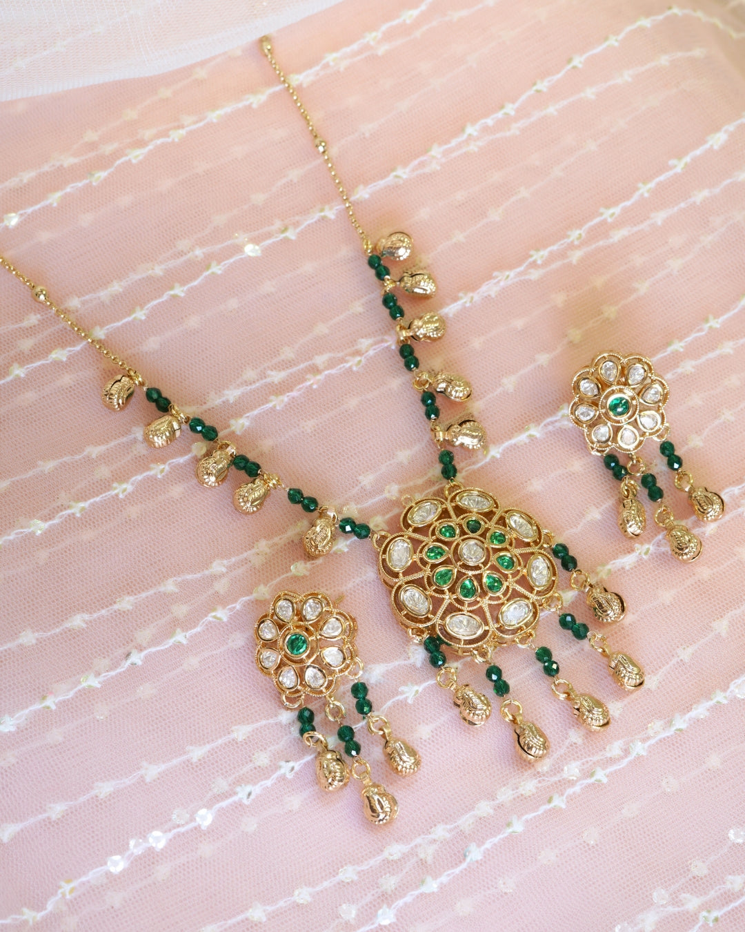 Floral Kundan Studded Green Beaded Chain Necklace & Dangler Earrings