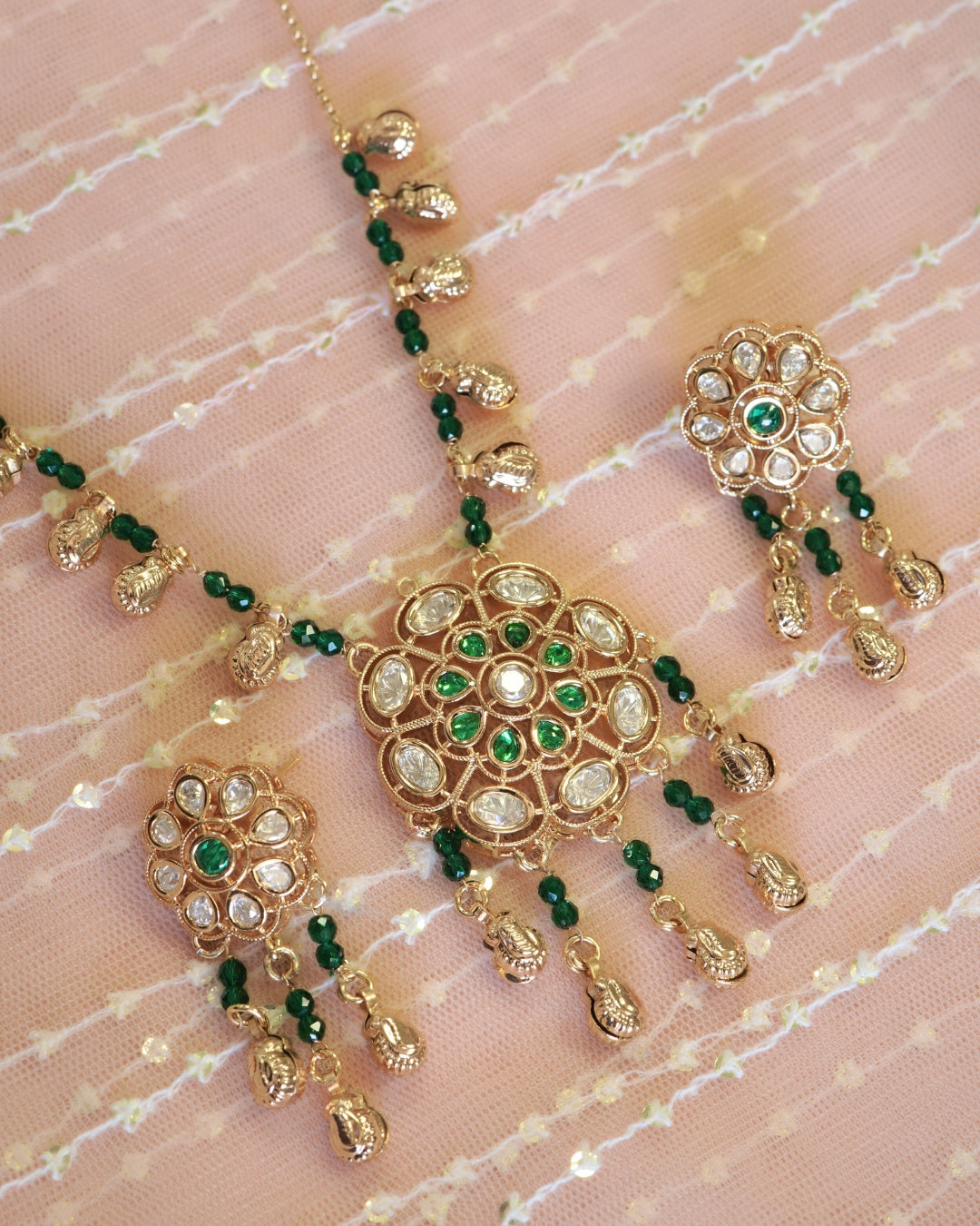 Floral Kundan Studded Green Beaded Chain Necklace & Dangler Earrings