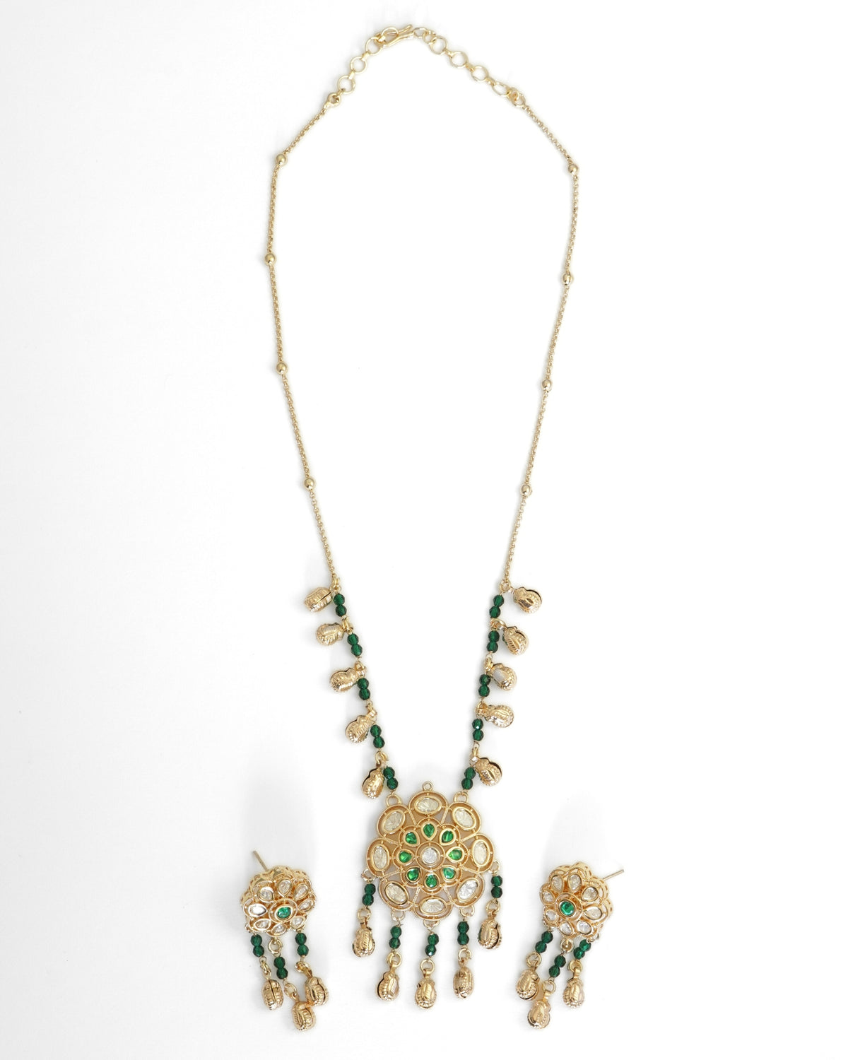 Floral Kundan Studded Green Beaded Chain Necklace & Dangler Earrings