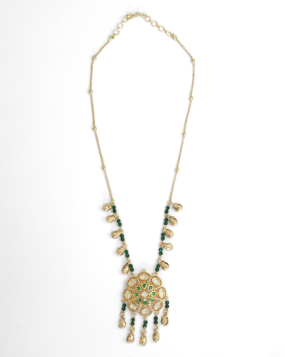Floral Kundan Studded Green Beaded Chain Necklace & Dangler Earrings