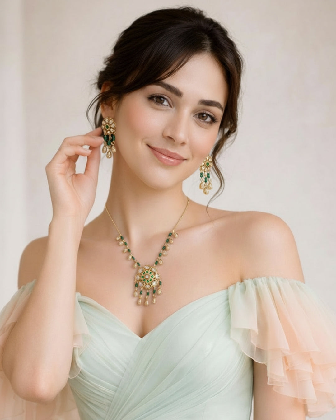 Floral Kundan Studded Green Beaded Chain Necklace & Dangler Earrings