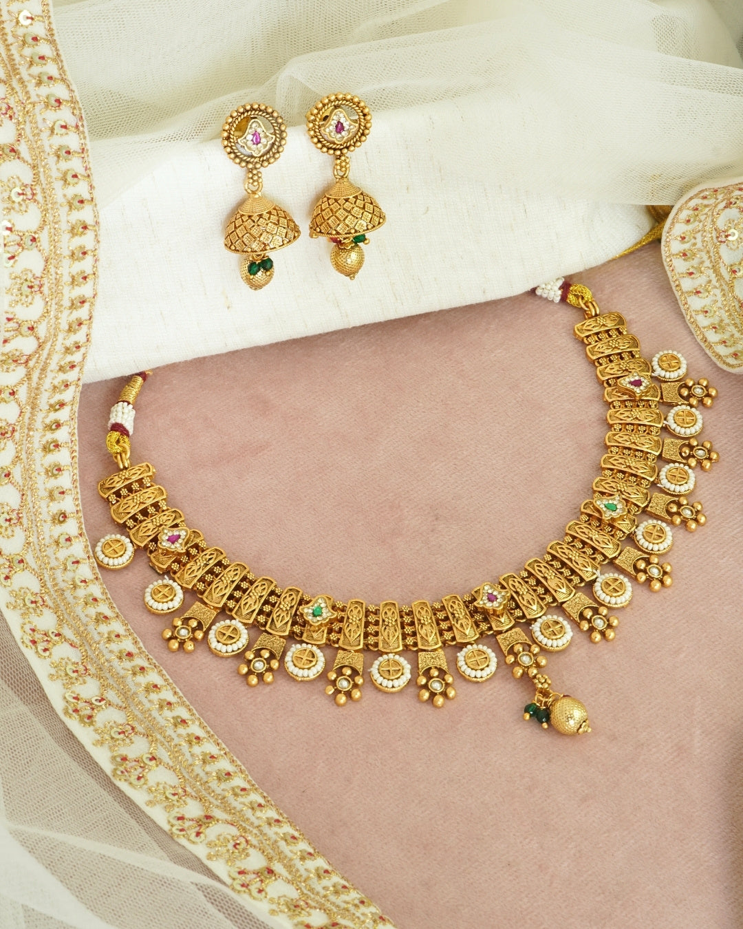 Gold-Plated Rajwadi Necklace with Jhumka Earrings