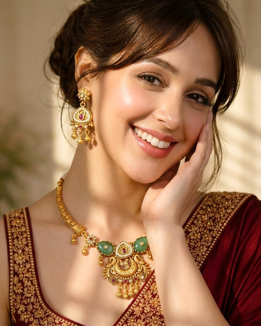 Gold-Plated Rajwadi Stone Studded & Beaded Necklace and Earrings