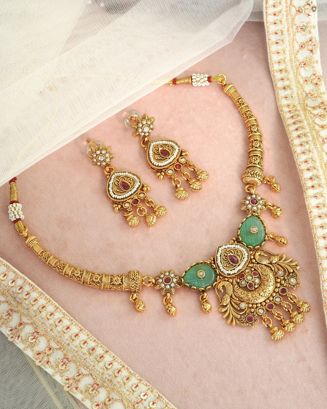 Gold-Plated Rajwadi Stone Studded & Beaded Necklace and Earrings
