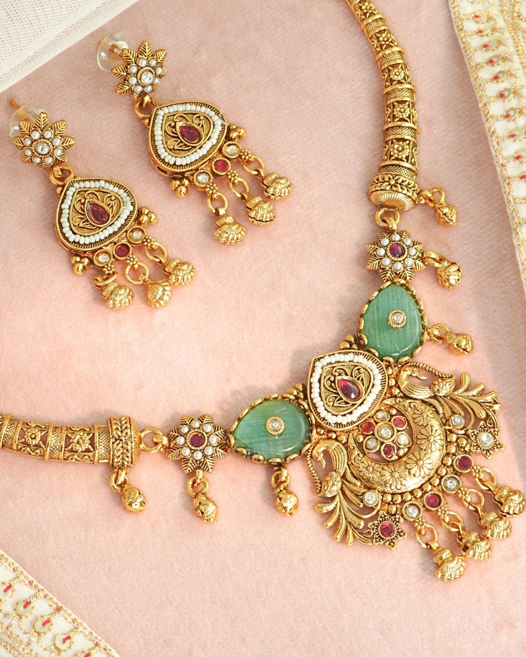 Gold-Plated Rajwadi Stone Studded & Beaded Necklace and Earrings
