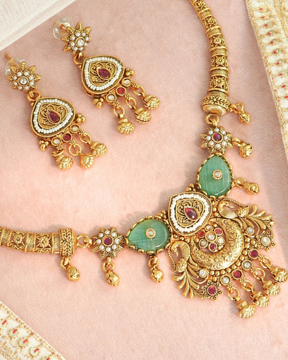Gold-Plated Rajwadi Stone Studded & Beaded Necklace and Earrings