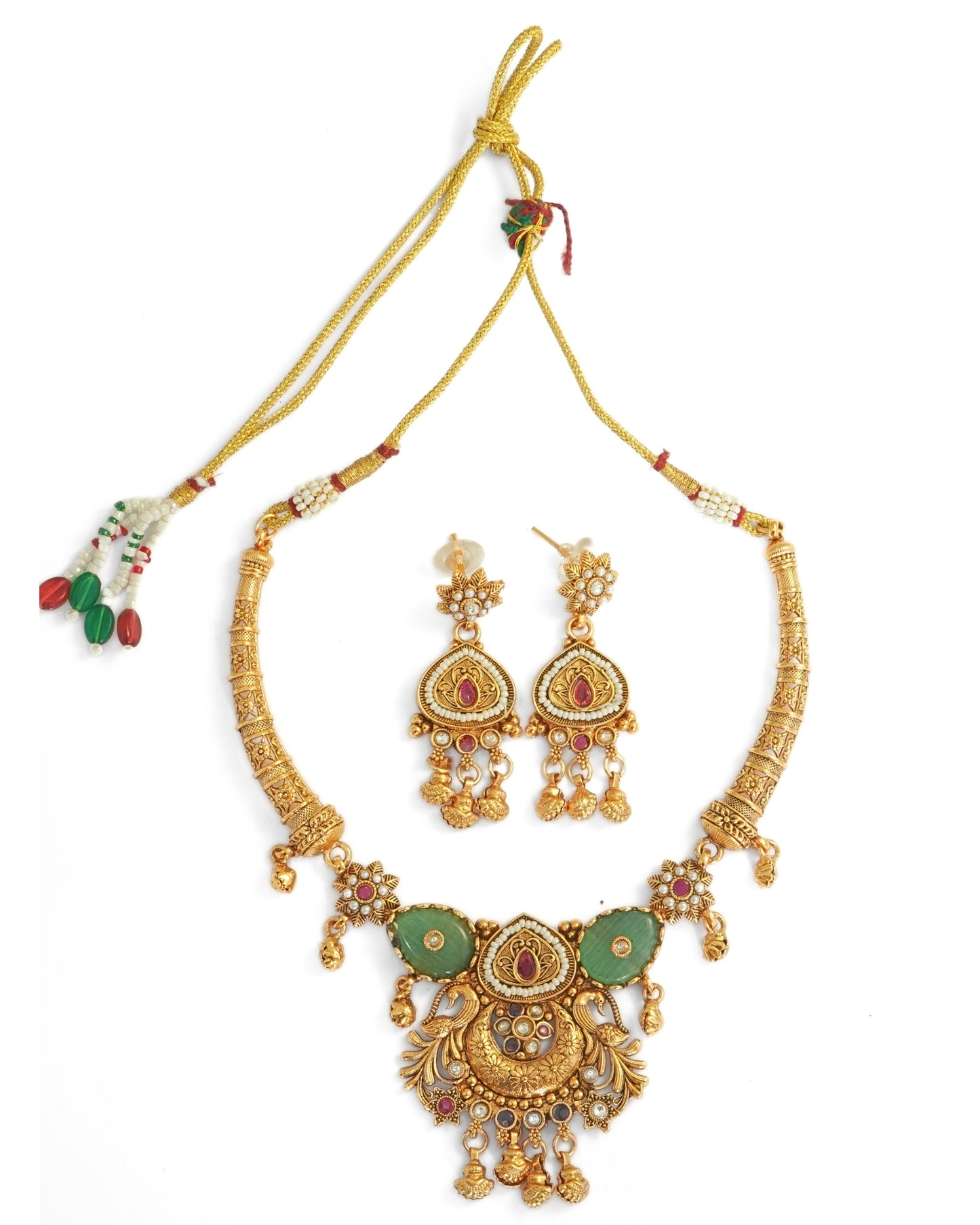 Gold-Plated Rajwadi Stone Studded & Beaded Necklace and Earrings