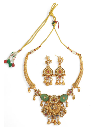 Gold-Plated Rajwadi Stone Studded & Beaded Necklace and Earrings