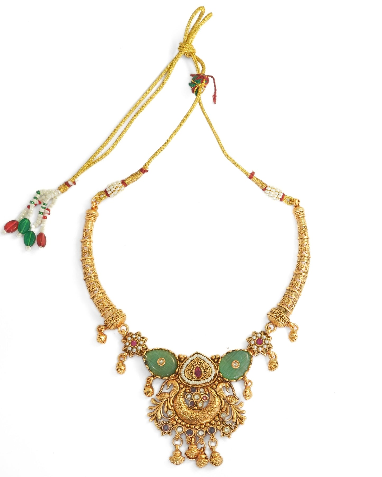 Gold-Plated Rajwadi Stone Studded & Beaded Necklace and Earrings