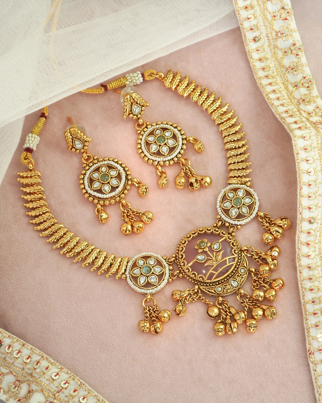 Rajwadi Gold-Plated Pink Stone Leaf-Shaped Necklace & Earrings