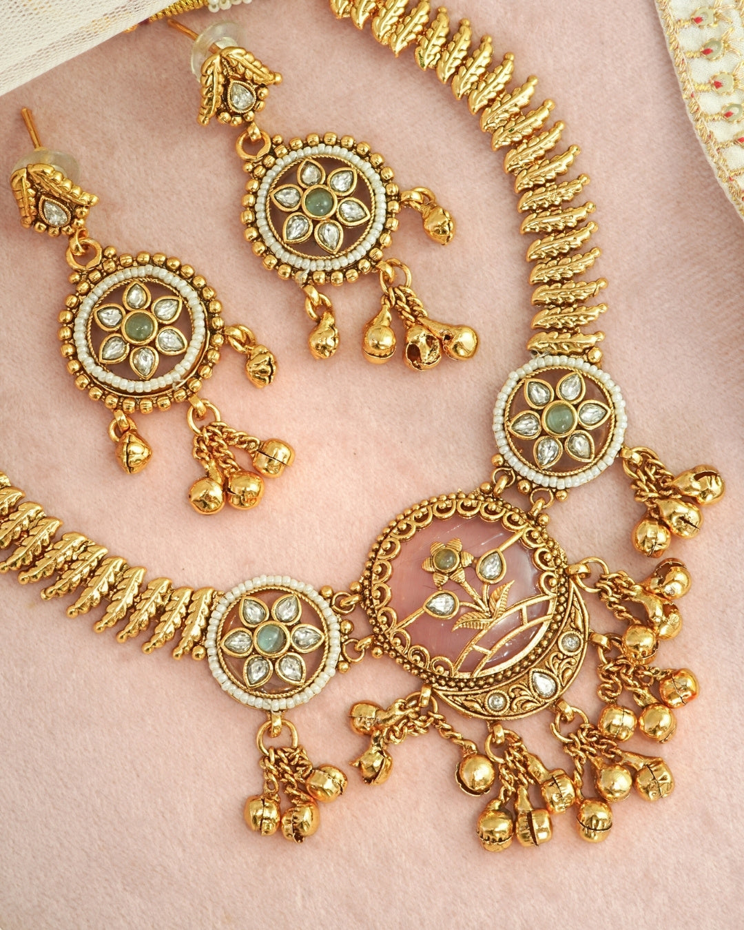 Rajwadi Gold-Plated Pink Stone Leaf-Shaped Necklace & Earrings