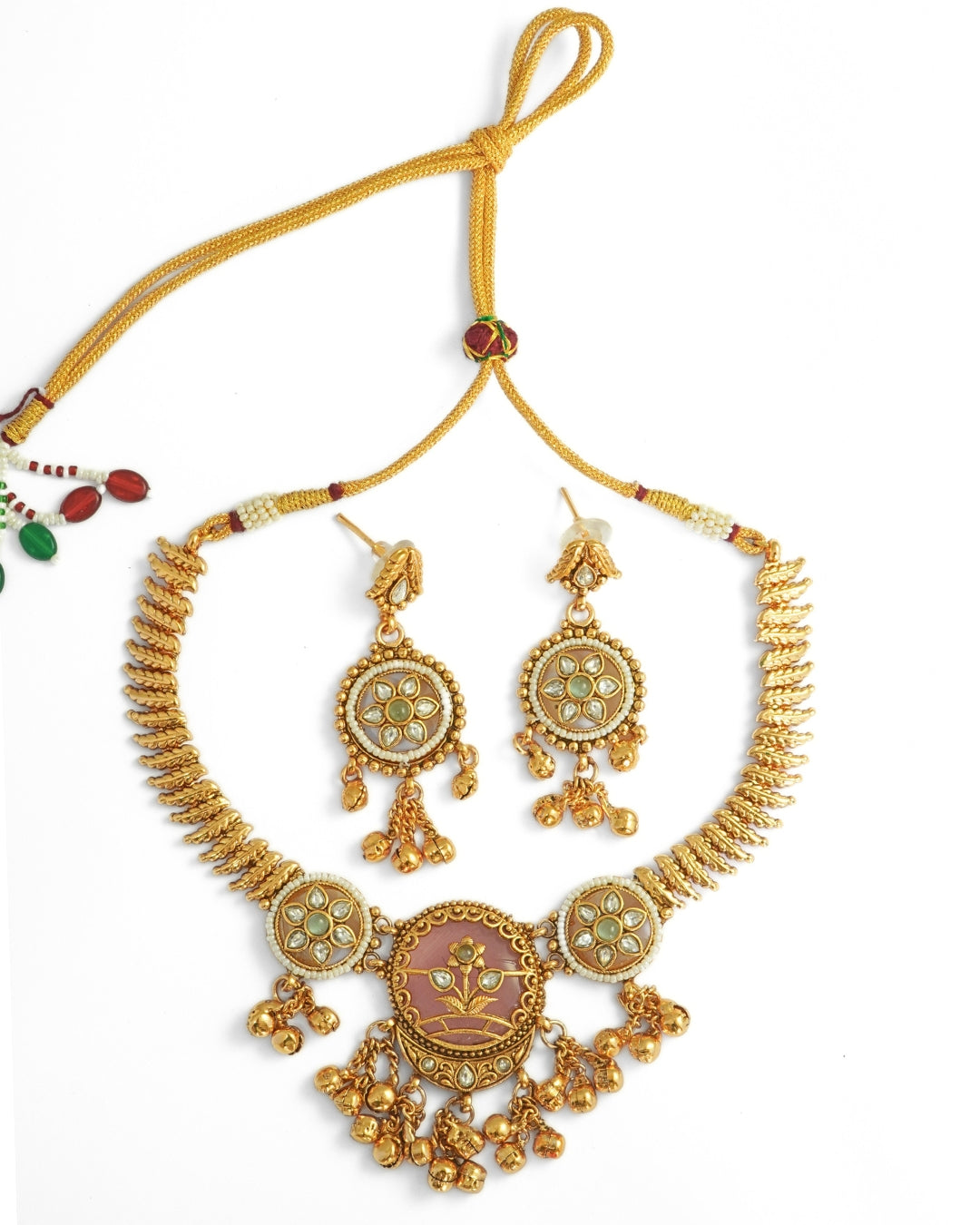 Rajwadi Gold-Plated Pink Stone Leaf-Shaped Necklace & Earrings